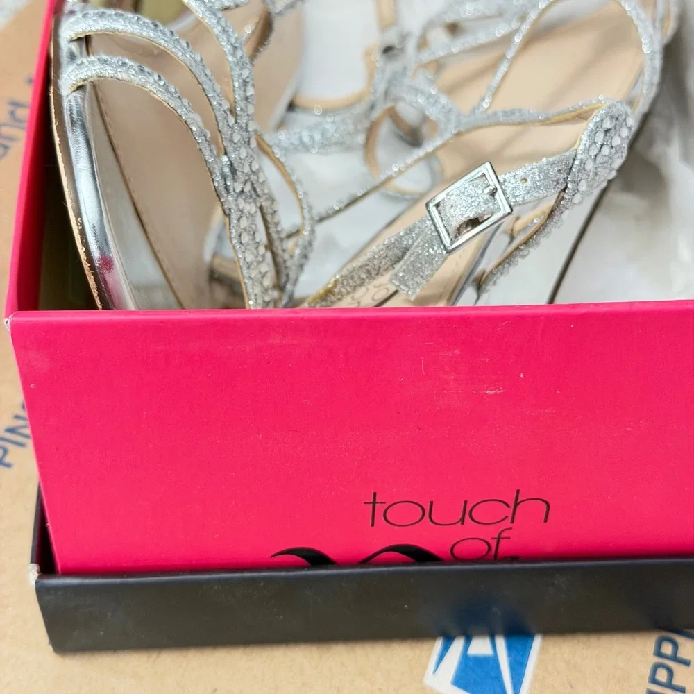 Touch of Nina Farida1 Silver Rhinestone‎ Dressy Wedge Sandals Womens 8.5 M